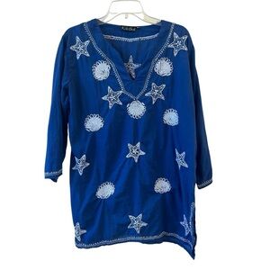 Beach Sea Coastal Blue Embellished 3/4 Sleeve Tunic with embroiderey